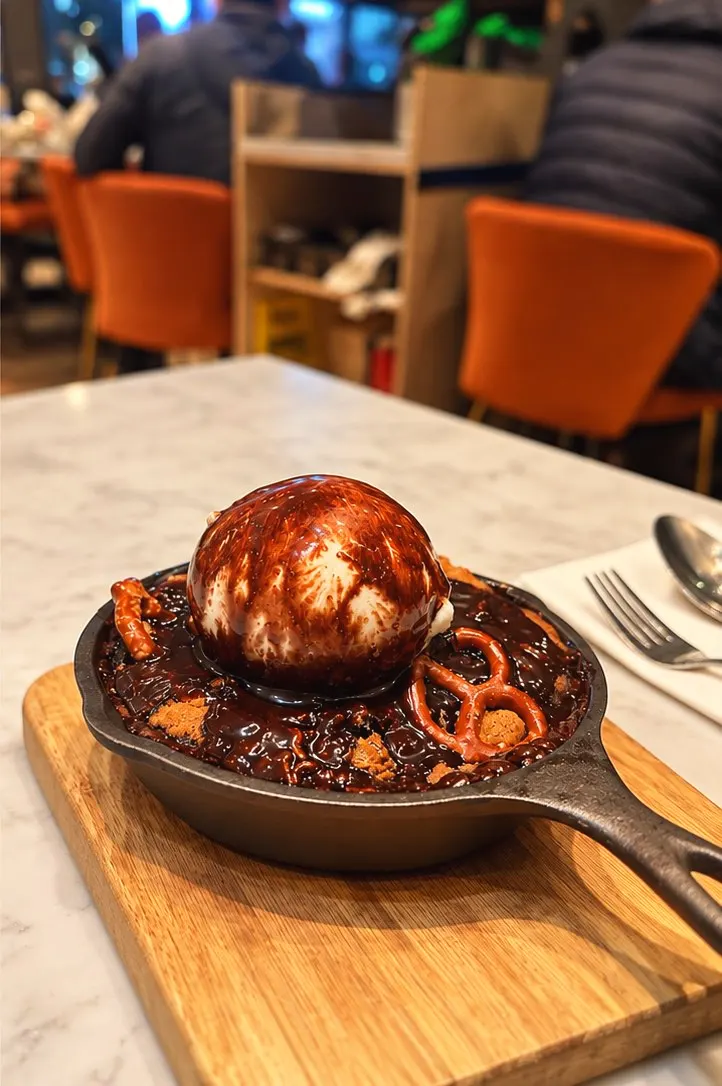 Cookie Camp: a cast-iron skillet cookie topped with ice cream, chocolate sauce and pretzels